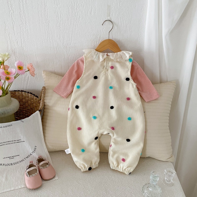 2pcs Baby Girl Cute and Sweet Corduroy Colourful Dots Bow Tie Romper Set