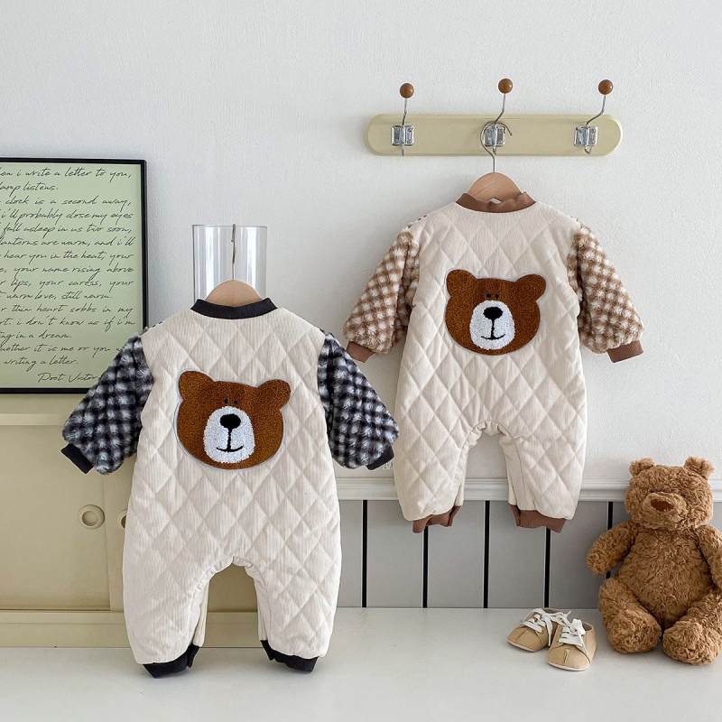 Baby Cartoon Cute Bear Plaid Sleeve Romper