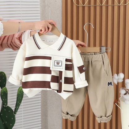 2pcs Baby Boy Cartoon Striped Sweatshirt Long Sleeve Lapel Set