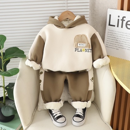 2pcs Baby Boy Thickened Padded Cute Bear Hooded Set