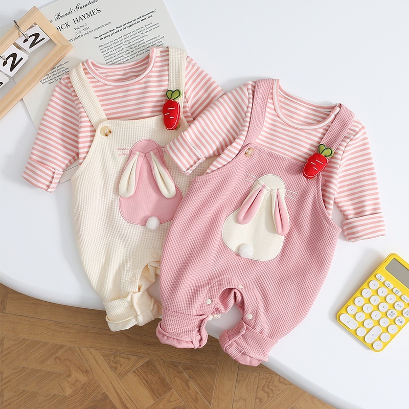 2pcs Baby Girl Cute Bunny Carrot Stripe Long Sleeve Romper Set