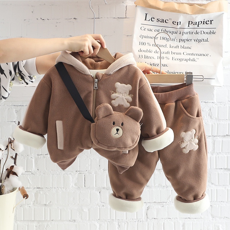 2pcs Baby Boy/Girl Bear Thickened Hooded with Bear Bag Set