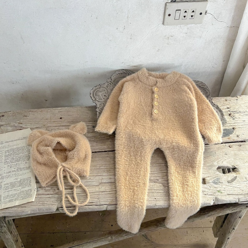 Baby Girl Mink Velvet Cute Bear Foot Wrap with Hat Romper