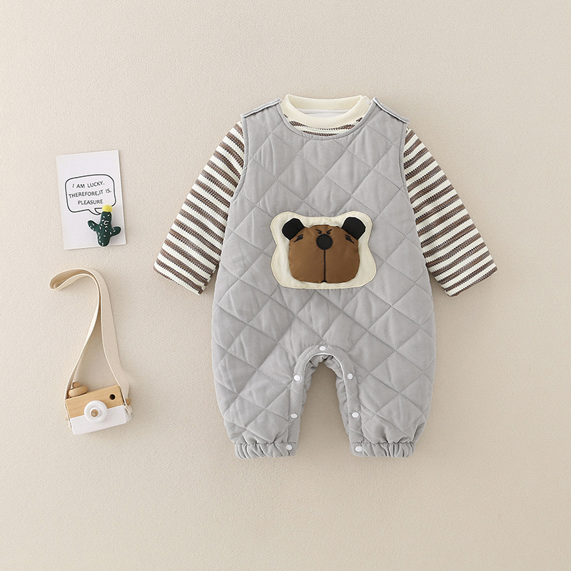 2pcs Baby Boy/Girl Cute Thickened Stripe Cartoon Romper Set