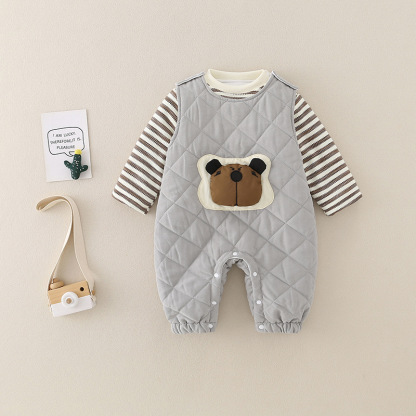 2pcs Baby Boy/Girl Cute Thickened Stripe Cartoon Romper Set