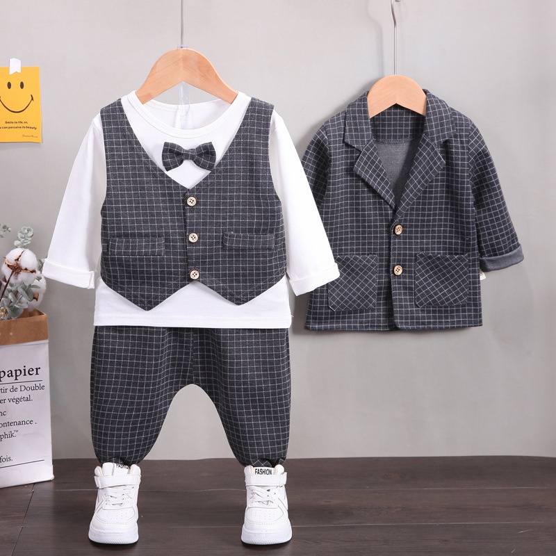 3pcs Baby Boy Plaid Suit Vest Set