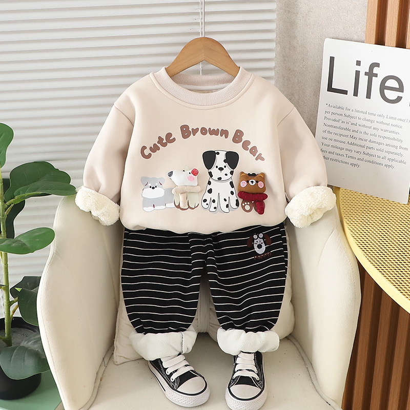 2pcs Baby Boy Cartoon Cute Puppy Padded Sweatshirt Set