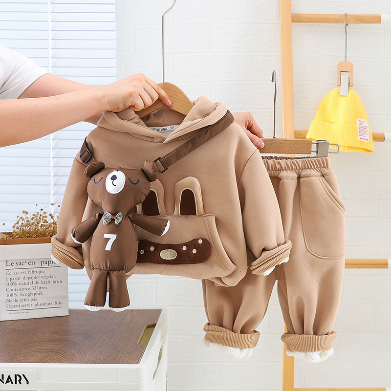 2pcs Baby Boy Padded Hooded Sweatshirt with Knot Bear Dolls Set