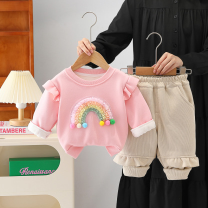 2pcs Baby Girl Thickened Rainbow Patterns Sweatshirt Set