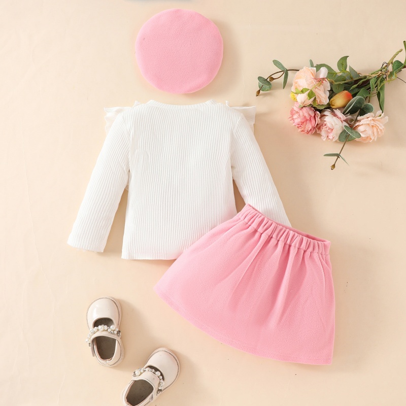 2pcs Baby Girl Pit Stripe Ruffle Long Sleeve Bowknot Padded Half Bodycon Dress With Beret Set