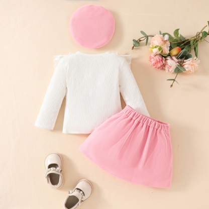2pcs Baby Girl Pit Stripe Ruffle Long Sleeve Bowknot Padded Half Bodycon Dress With Beret Set