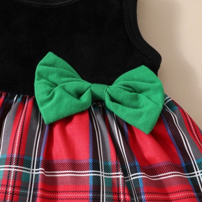 3pcs Baby Girl Plush Long Sleeve Short Jacket + Vest Bow Tie Plaid Dress + Hairband Set