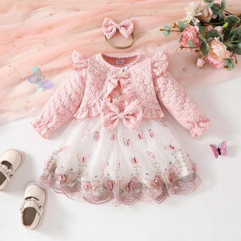 3pcs Baby Girl Ruffled Long Sleeve Jacket + Butterfly Mesh Vest Dress + Hairband Set