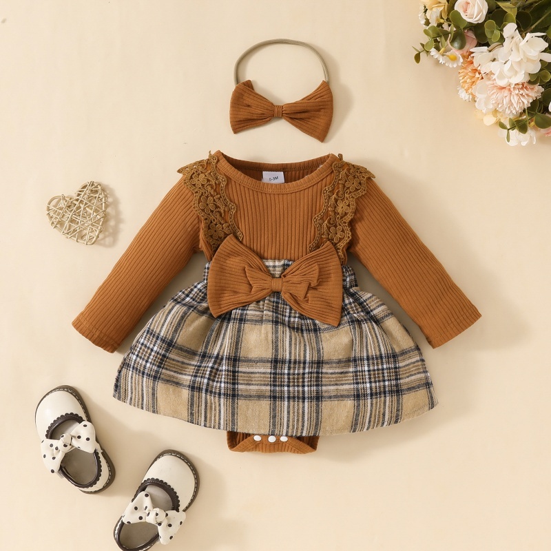 2pcs Baby Girl Long Sleeve Lace Lace Plaid Triangle Bodysuit Autumn and Winter Girls Pit Stripes Bow Tie With Hairband Bodysuit Set