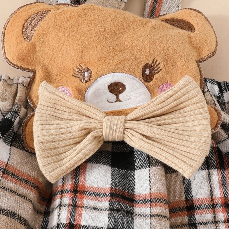 3pcs Baby Girl Pit Stripe Long Sleeve Triangle Bodysuit + Bow Tartan Bear Doll Back Dress + Hairband Set