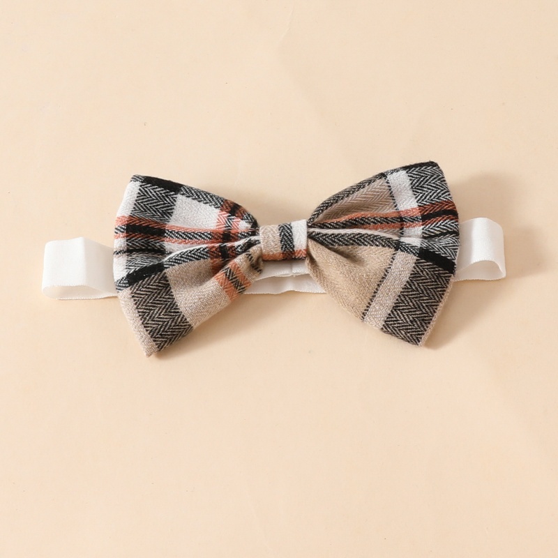 3pcs Baby Girl Pit Stripe Long Sleeve Triangle Bodysuit + Bow Tartan Bear Doll Back Dress + Hairband Set