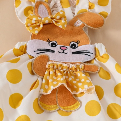 3pcs Solid Long Sleeve Bodysuit  + Cute Bunny Embroidered Ruffle Dot Back Skirt + Hairband Set