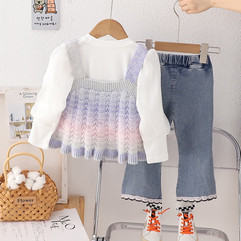 3pcs Baby Girl Rainbow Camisole Sweater + Bubble Sleeve Long Sleeve Top + Jeans Set