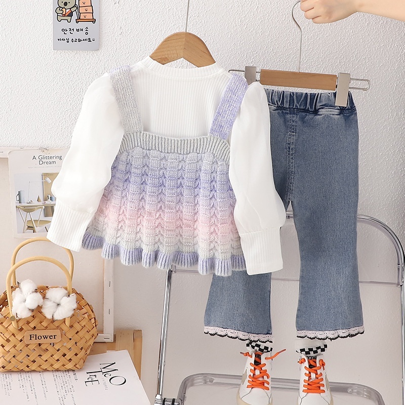 3pcs Baby Girl Rainbow Camisole Sweater + Bubble Sleeve Long Sleeve Top + Jeans Set