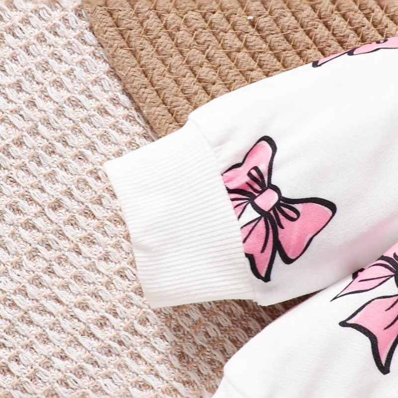 2pcs Baby Girl Bow Printed Round Neck Long Pants Set