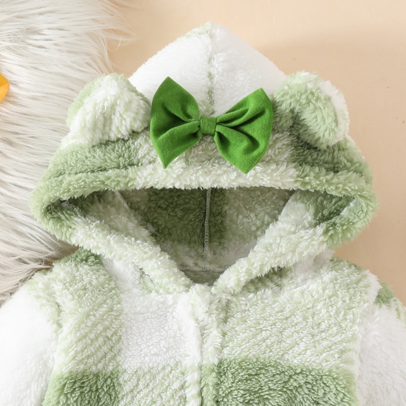 Baby Girl Cute Plaid Thickened Hooded Romper