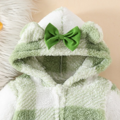 Baby Girl Cute Plaid Thickened Hooded Romper