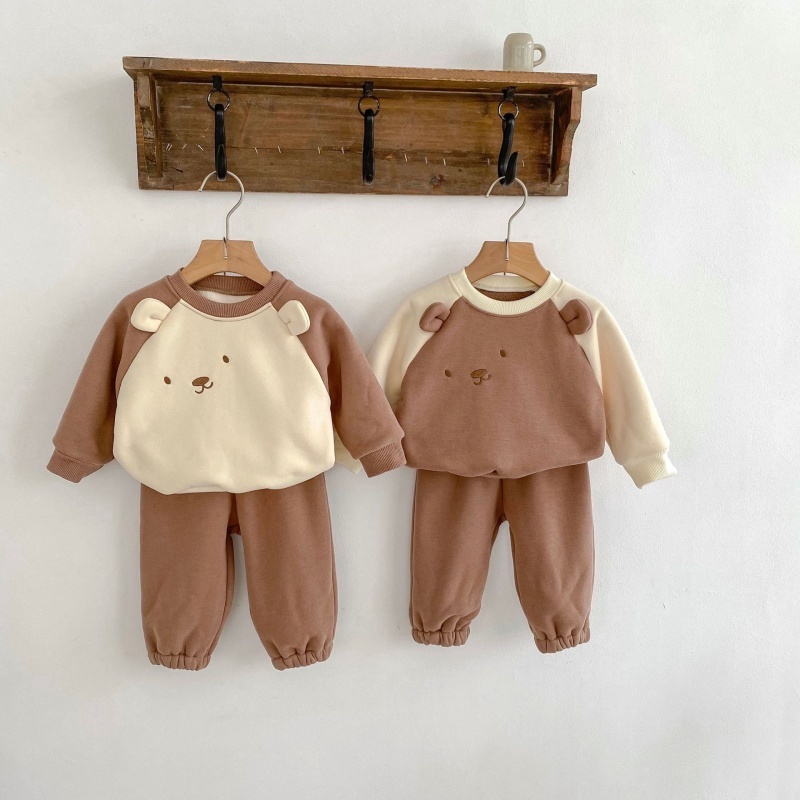2Pcs Baby Girl/Boy Cartoon Bear Clash Colour Padded Thickened Sweatshirt Set