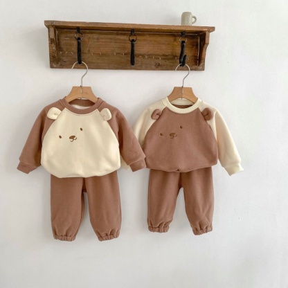 2Pcs Baby Girl/Boy Cartoon Bear Clash Colour Padded Thickened Sweatshirt Set