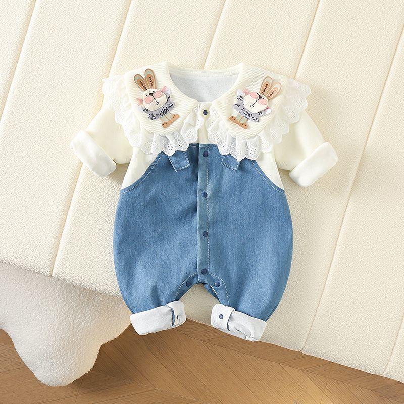 Baby Girl Double Denim Cute Rabbit Baby Doll Neck Romper