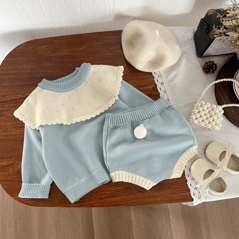 2pcs Baby Girl Knitted Ruffle Collision Colour Hairball Shorts Set