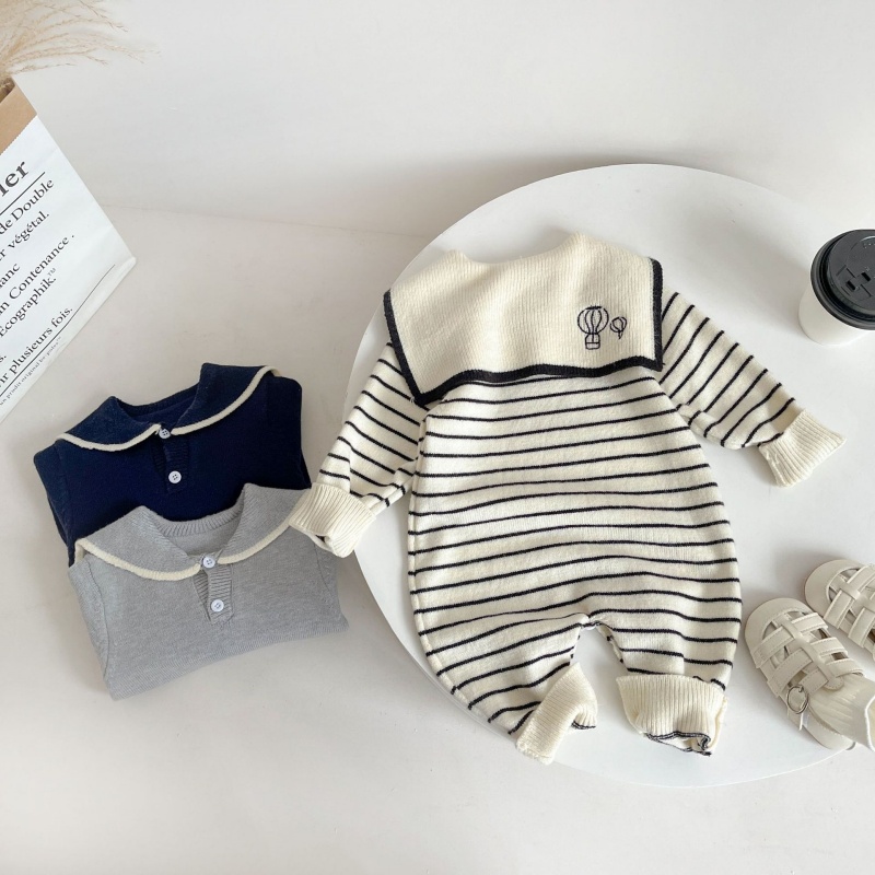 Baby Boy/Girl Knitted Navy Collar Long Sleeve Bodysuit 