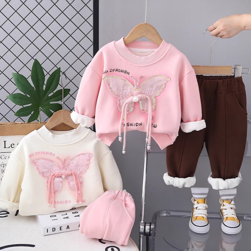 2pcs Baby Girl Butterfly Round Neck Sweatshirt Set