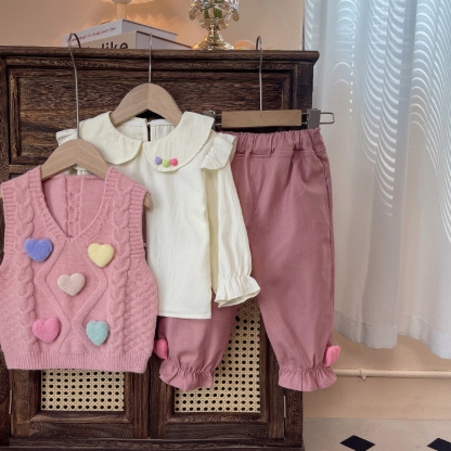 3pcs Baby Girl Cute Long Sleeve Heart Sweater Set