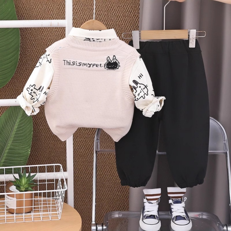 3pcs Baby Girl/Boy Cute Cartoon Thickened Sweater Vest Set