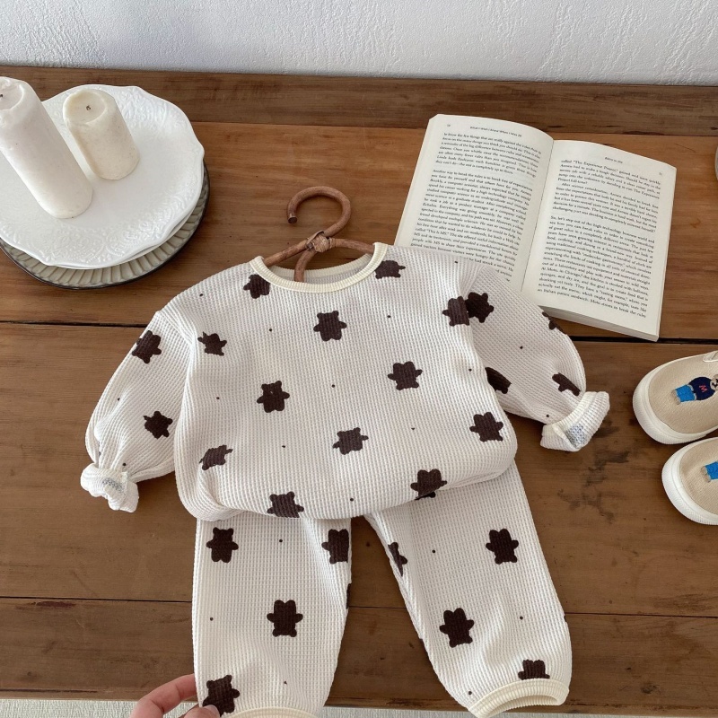 2pcs Baby Girl/Boy Cartoon Bear Waffle Long Sleeve Set