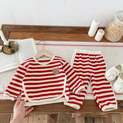 2pcs Baby Girl/Boy Waffle Bear Stripe Long Sleeve Set
