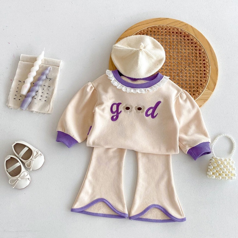 2pcs Baby Girl Lace Crew Neck Top Flared Pants Long Sleeve Set