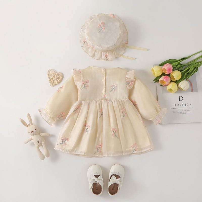 Baby Girl Long Sleeve Lily Section Embroidery Bow Mesh Dress with Hat