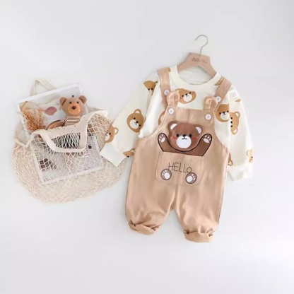 2pcs Baby Girl/Boy Full Print Bear Bib Pants Long Sleeve Set