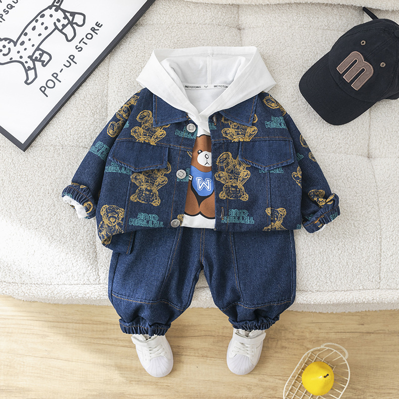 3pcs Baby Boy Full Print Bear Hooded Sweatshirt Long Sleeve Set