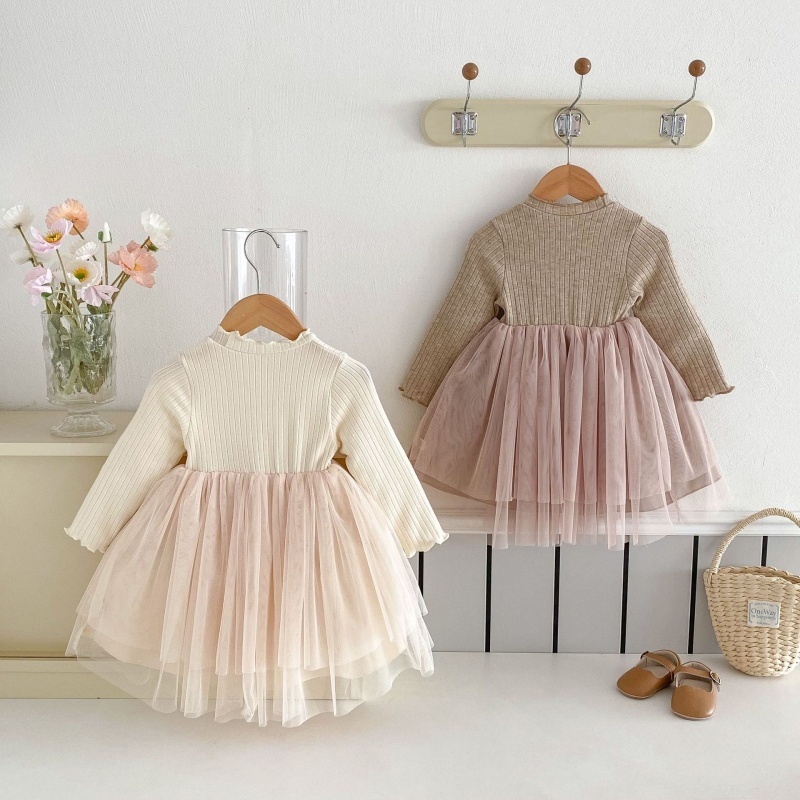 Baby Girl Colour Threaded Wooden Earring Patchwork Long Sleeve Dress