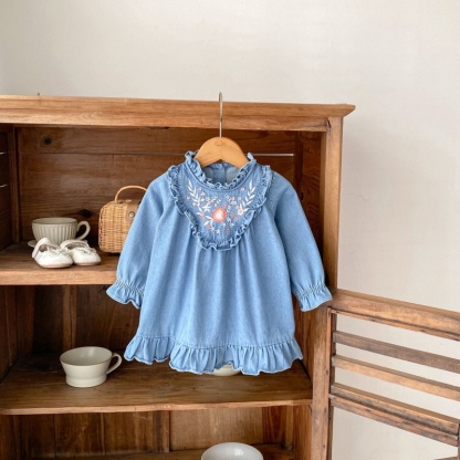 Baby Girl Floral Embroidery Denim Long Sleeve Dress