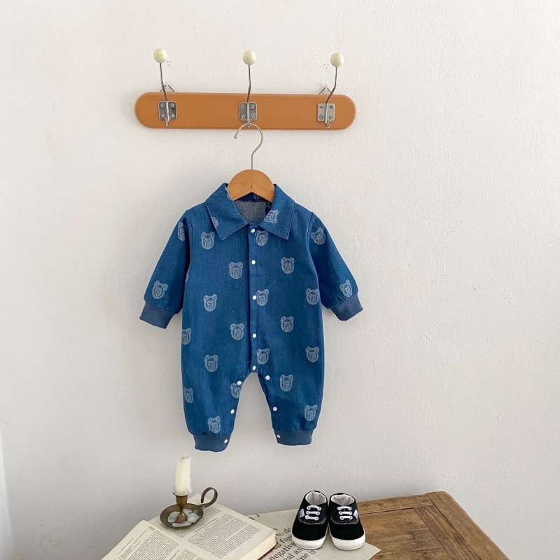 Baby Girl/Boy Cute Bear Pattern with Small Lapel Long Sleeve Romper