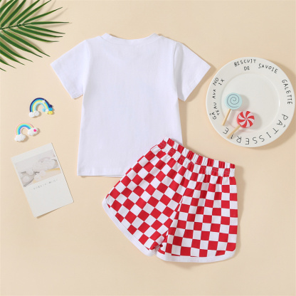 2pcs Baby Boy/Girl Independence Day Red and White Checkered Colorful Letter Print T-shirt with Pant Set