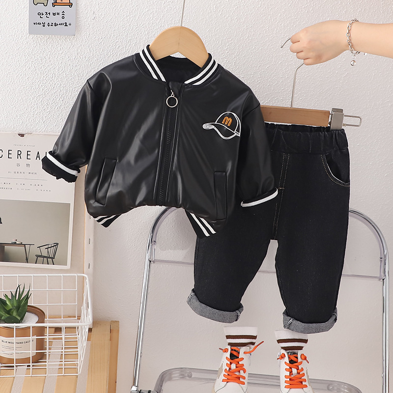 2pcs Baby Boy Leather Baseball Jersey Long Sleeve Set