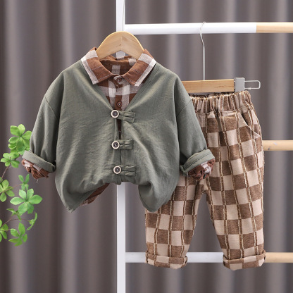 3pcs Baby Boy/Girl Long Sleeve Vintage Mori Plaid Set