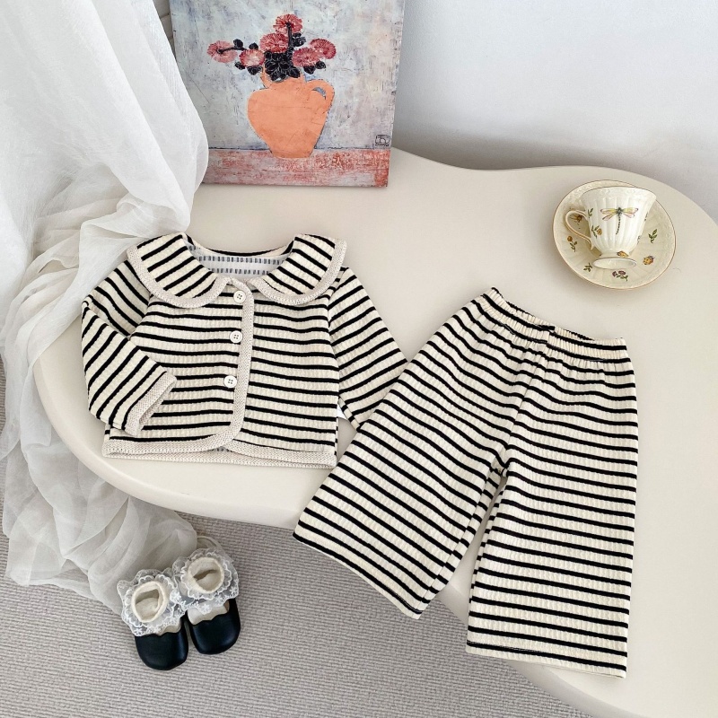 2pcs Baby Girl Striped Simple Lapel Long Sleeve Top Casual Wide Leg Trousers Set