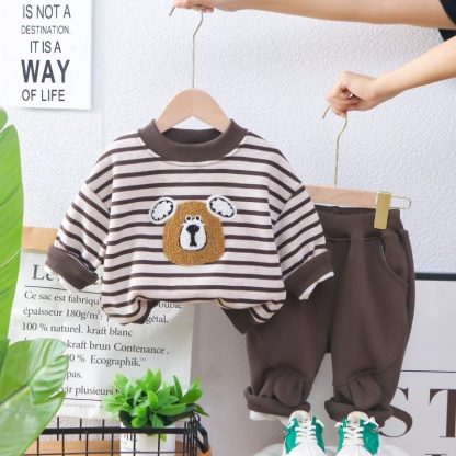 2pcs Baby Boy Cute Bear Crew Neck Padded Sweatshirt Set