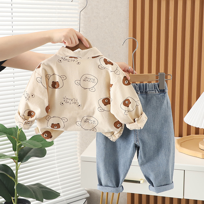 2pcs Baby Boy Full Print Bear Long Sleeve Shirt Set