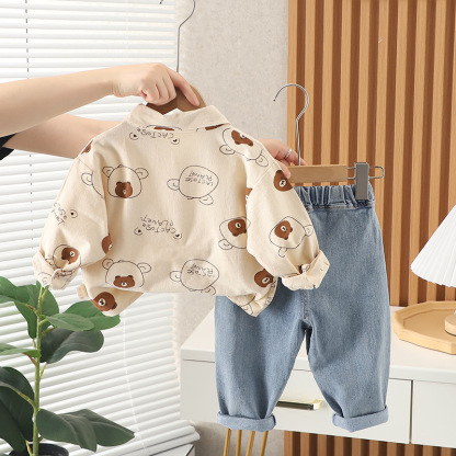2pcs Baby Boy Full Print Bear Long Sleeve Shirt Set